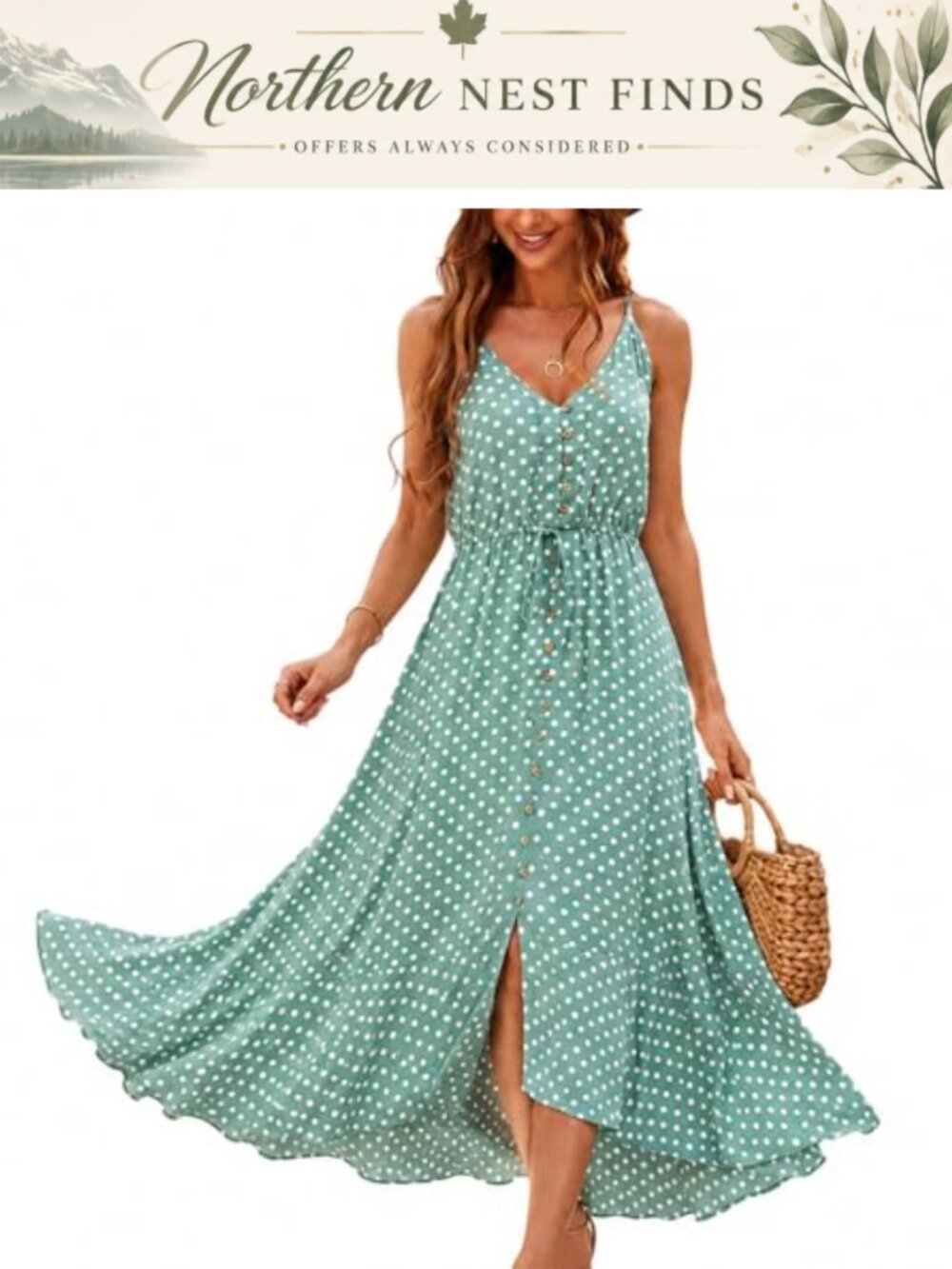 Women's Boho Sundress V-Neck Spaghetti Strap Midi Dress Summer Casual